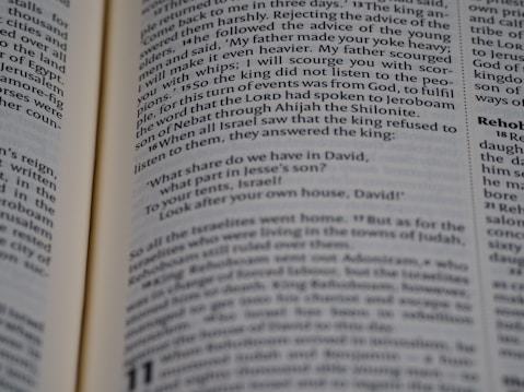 Open book displaying a passage from the Bible with a focus on the text centered on the page. The text is in black font on white paper, with some underlined words indicating emphasis.