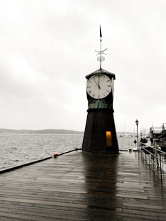 A clock tower stands at the edge of a wooden pier, overlooking a large body of water. The sky is overcast and the ground is wet, suggesting recent or ongoing rain. The clock shows a time close to three o'clock, and there are some boats visible in the background, docked at a marina.