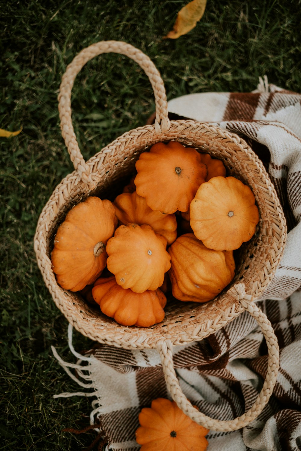 a basket filled with pumpkins sitting on top of a blanket