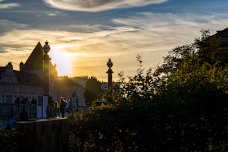 A scenic view of a famous international landmark at sunset with vibrant colors.