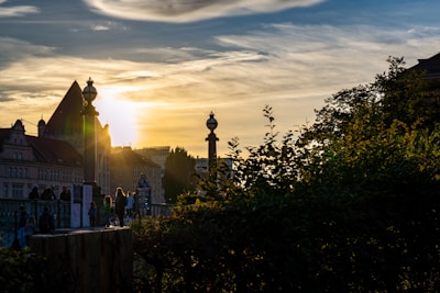 Sunset view over the holy city with pilgrims walking