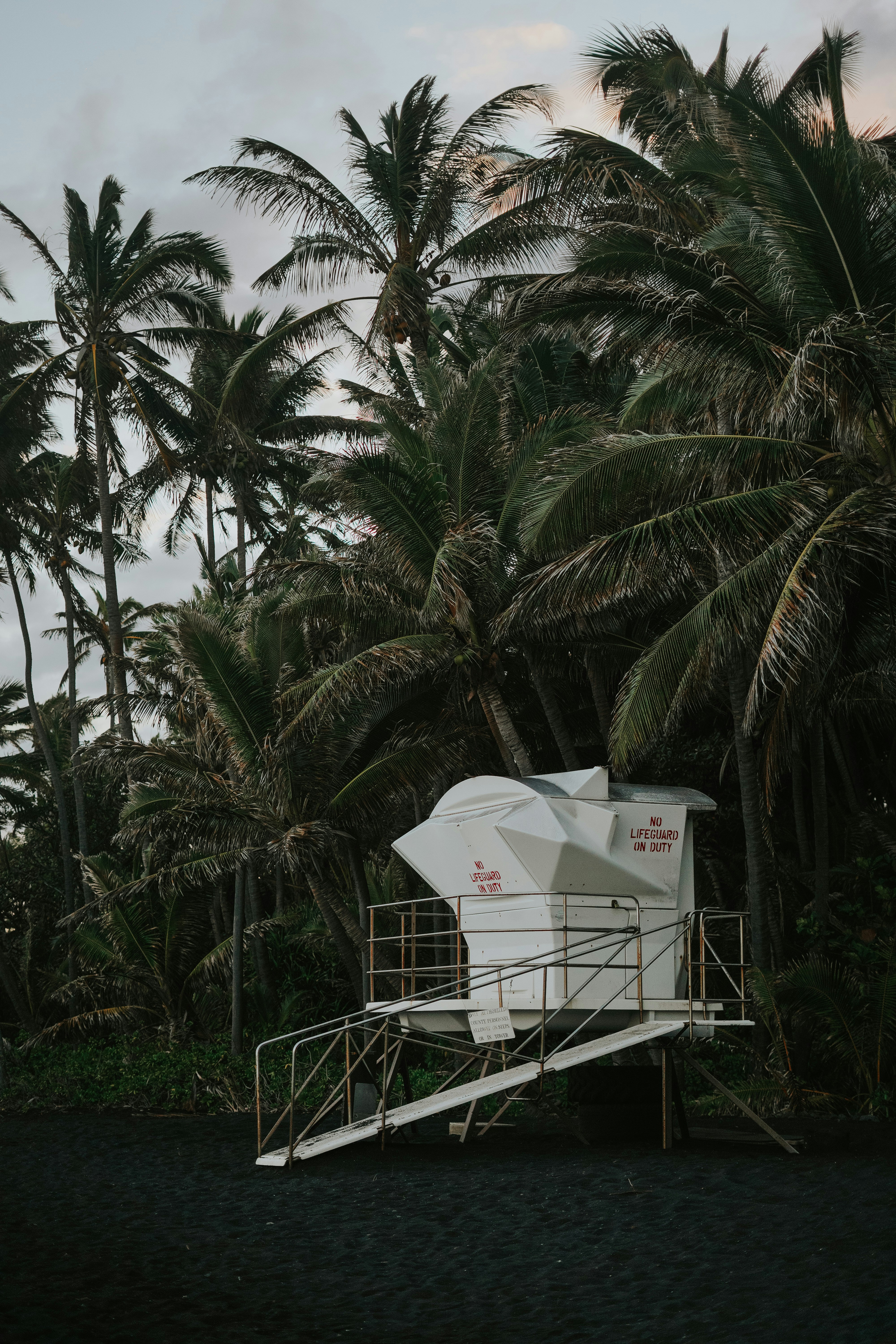 a lifeguard stand on a beach with palm trees in the background