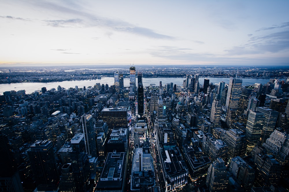 an aerial view of a city at night