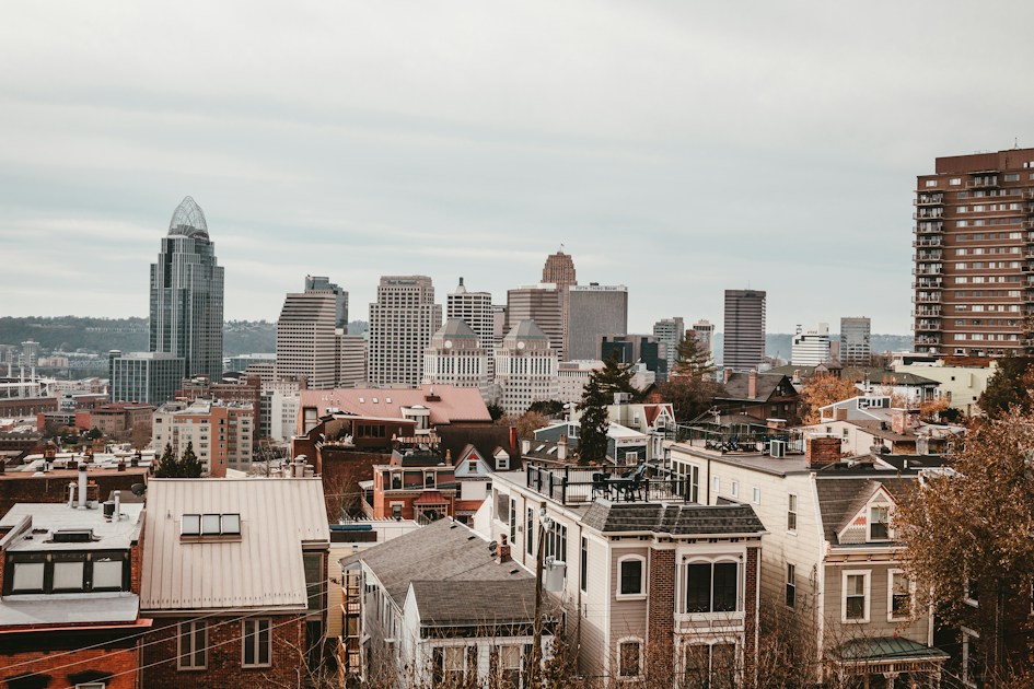 A view of a city with tall buildings
