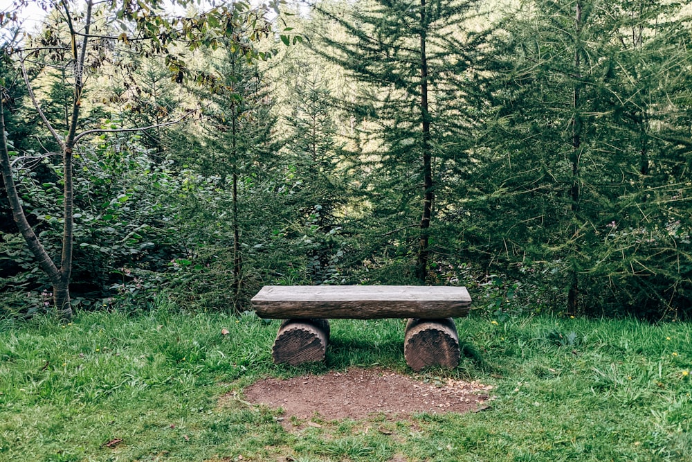 a wooden bench sitting in the middle of a forest