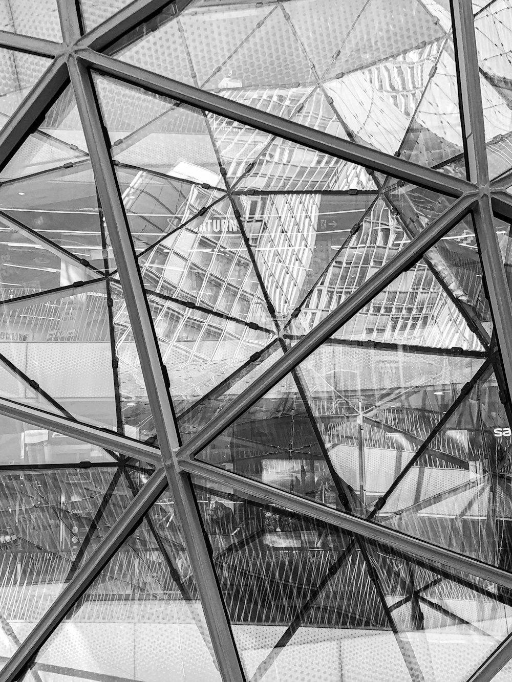 a black and white photo of a glass structure