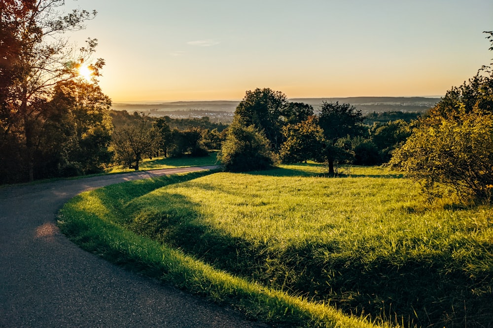 the sun is setting over a grassy field