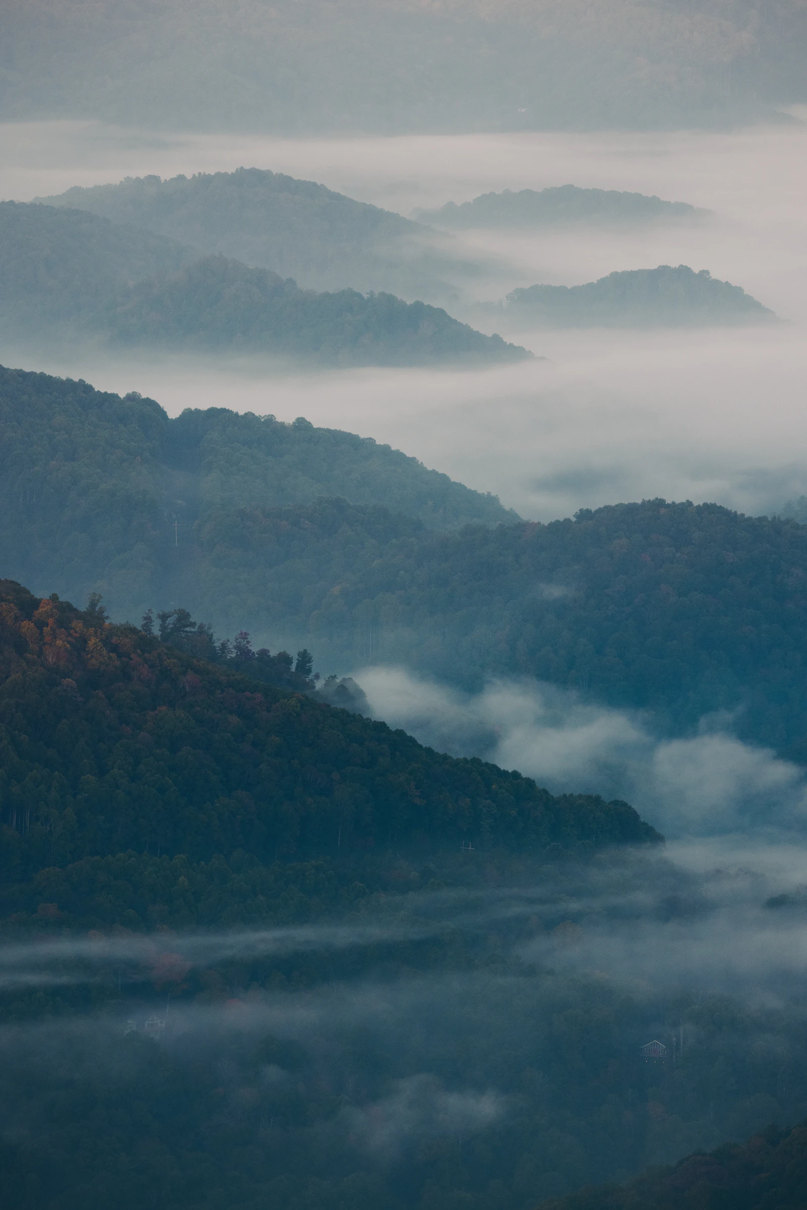 Mist drifting across the Blue Ridge Mountains in western North Carolina