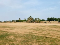 A wide, open field with patches of grass serves as a playground. In the distance, a group of people engage in a game, possibly soccer, given the visible goal post. The backdrop includes several beige, clay-like buildings surrounded by various types of trees and greenery under a sky with light cloud cover.
