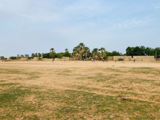 A wide, open field with patches of grass serves as a playground. In the distance, a group of people engage in a game, possibly soccer, given the visible goal post. The backdrop includes several beige, clay-like buildings surrounded by various types of trees and greenery under a sky with light cloud cover.