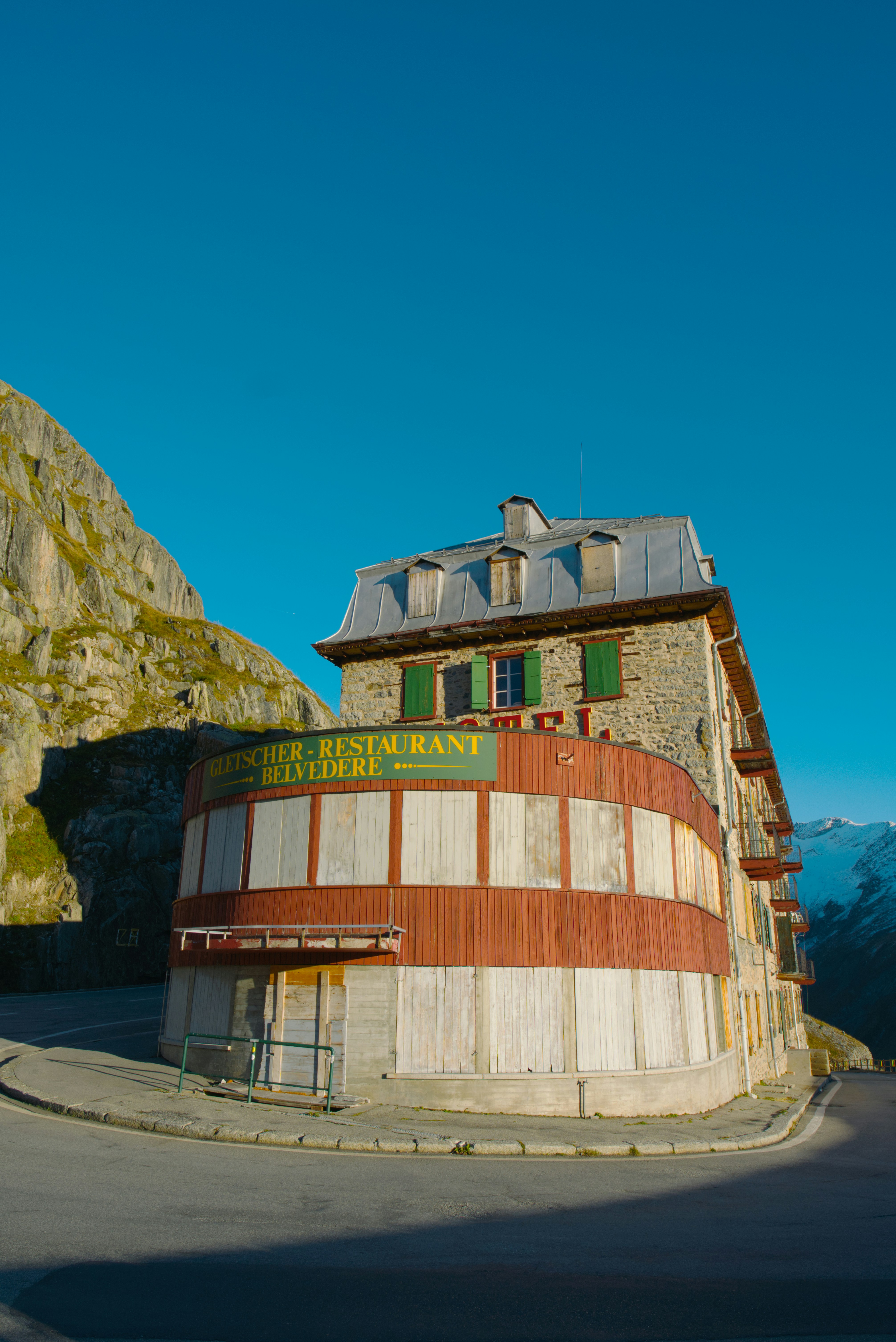 Sunset at the former Belvédère Hotel on the Furka Pass.