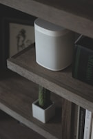 A modern wireless speaker sitting on a bookshelf surrounded by plants and books.