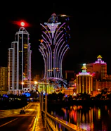a view of a city at night from across the street