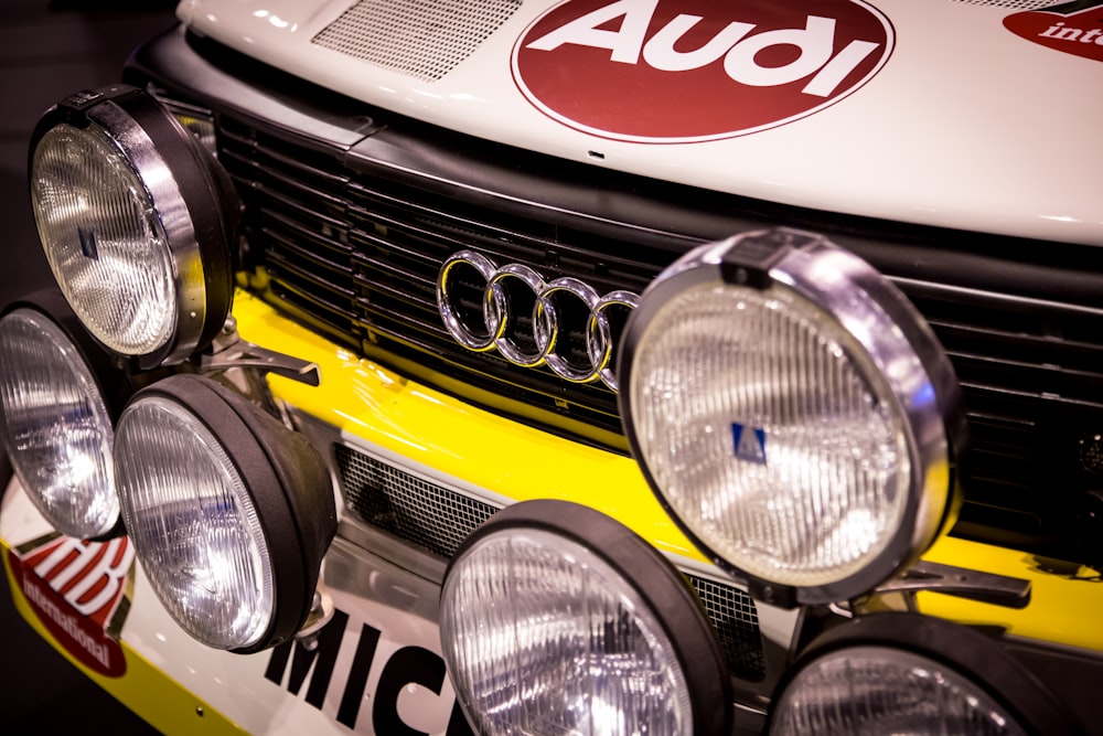 a close up of the front of an audi car