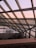 A slanted glass roof structure with a metal frame allows a view of the outdoors. The sky visible through the glass is a gradient of soft pink and blue hues, suggesting either sunrise or sunset. Below the glass structure, there are some leafy plants and shrubs, with a few rooftops seen at a distance.