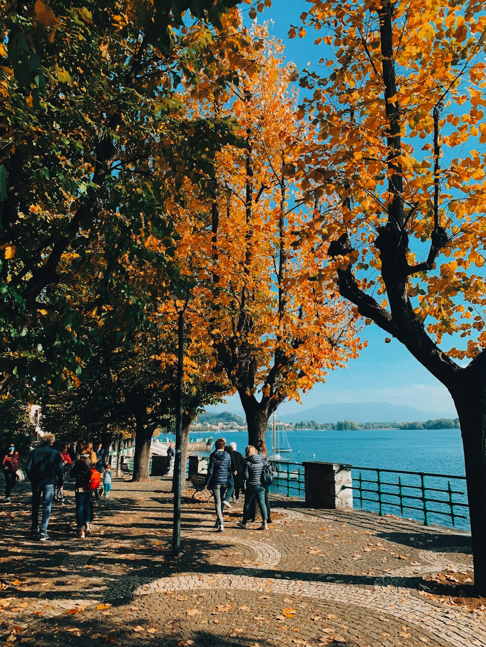 a group of people walking down a sidewalk next to a body of water