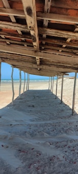 A wooden structure made of planks and poles provides shade on a sandy beach. The view underneath this canopy leads to the open shore, with the blue sea and sky in the background. The setting is serene and minimalist, showcasing the natural beauty of a coastal landscape.