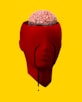 Cabeza diseñada en digital llorando con lagrimas negras y mostrando su cerebro en un fondo amarillo
