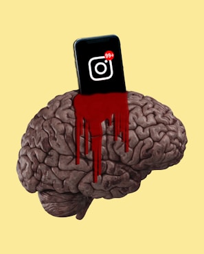 A brain is depicted with a smartphone embedded in it, where the phone displays a notification icon with 99+ alerts. Red paint or liquid is dripping from where the phone is inserted, creating a dramatic and intense visual.