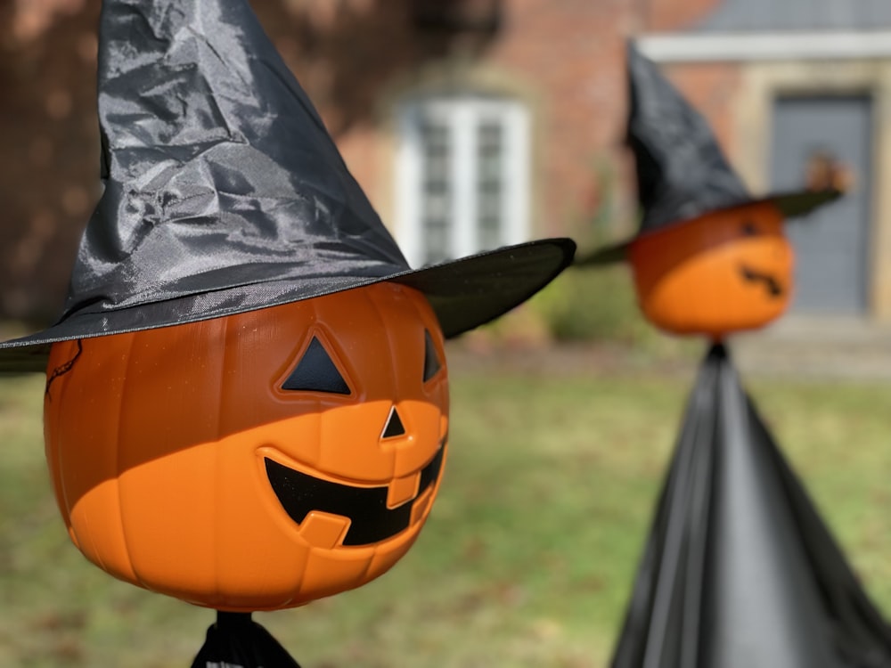 a couple of pumpkins that are sitting in the grass