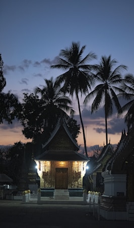 A beautifully illuminated traditional temple structure is nestled among tall palm trees at dusk. The sky features fading light with hints of orange and purple behind dark silhouettes of foliage. The intricate architectural details of the temple are highlighted by artificial lighting, creating an enchanting contrast against the evening sky.