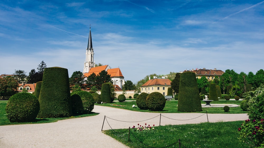 a church with a steeple in the background