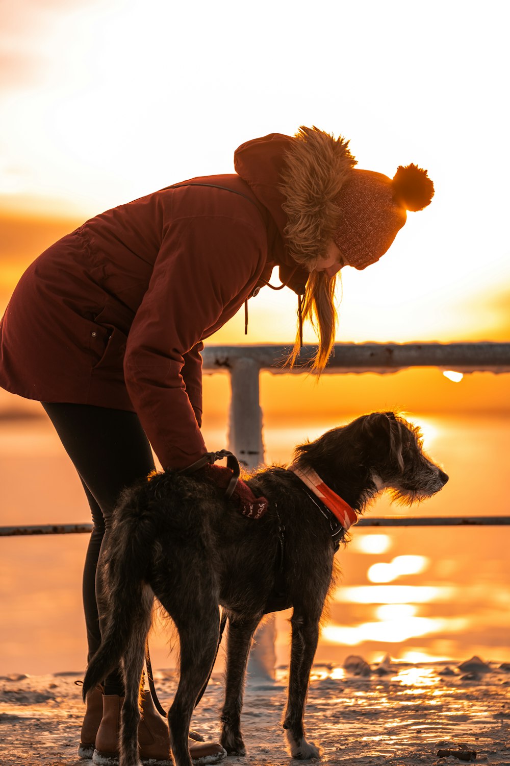 uma mulher com um cão em uma praia ao pôr do sol