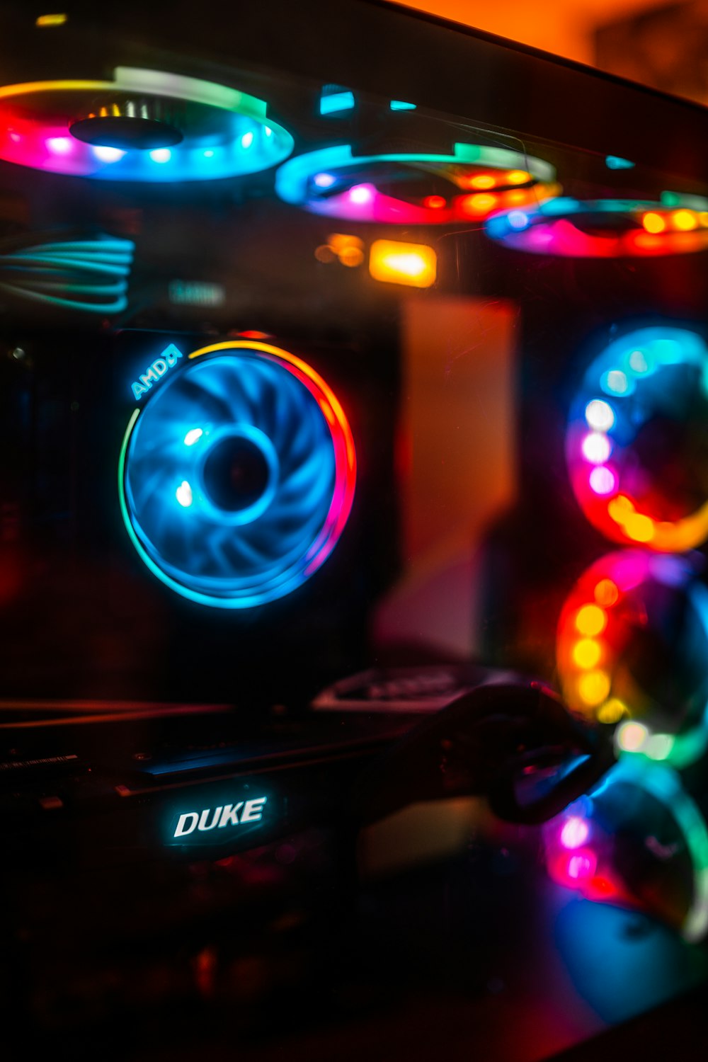 a close up of a computer with lights on it
