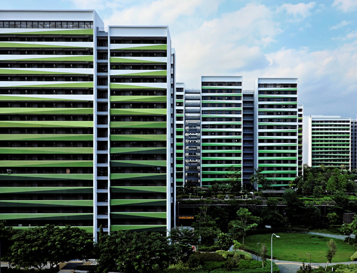 A group of modern green buildings
