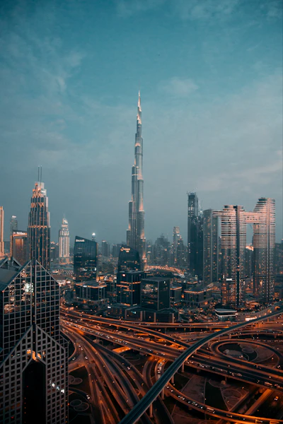 City view from the Burj Khalifa observation deck at night