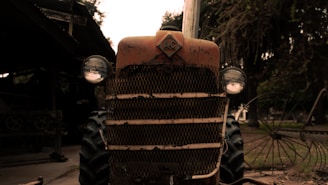 A rustic, vintage tractor with a weathered appearance, parked in an outdoor setting. The tractor features a prominent front grille and round headlights, with signs of age and rust. Trees and other farm equipment are visible in the background, creating a countryside atmosphere.