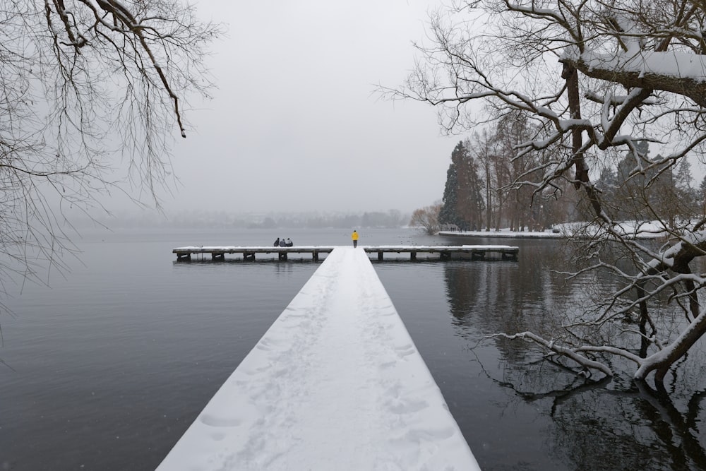 a long dock in the middle of a lake covered in snow