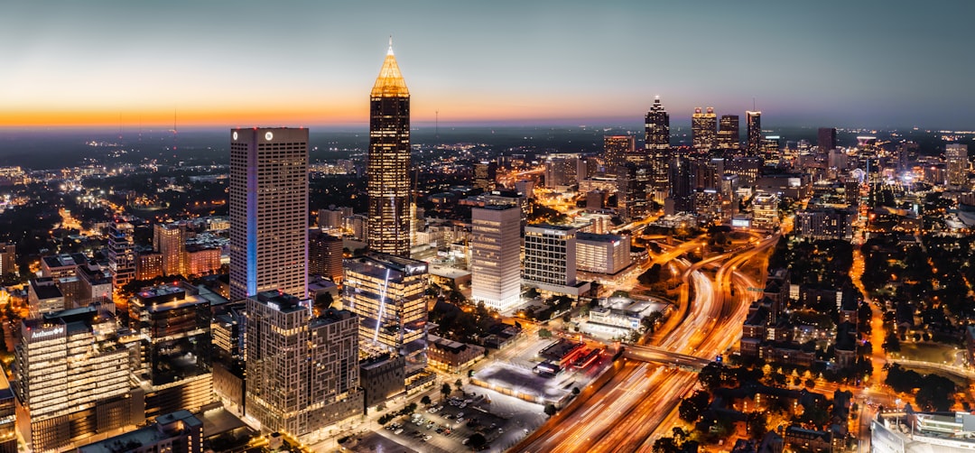 an aerial view of a city at night,