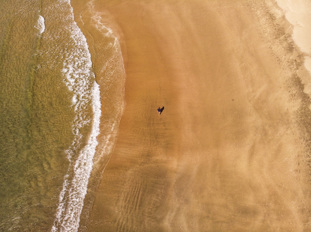 Eine Luftaufnahme eines Strandes mit einem einsamen Surfer