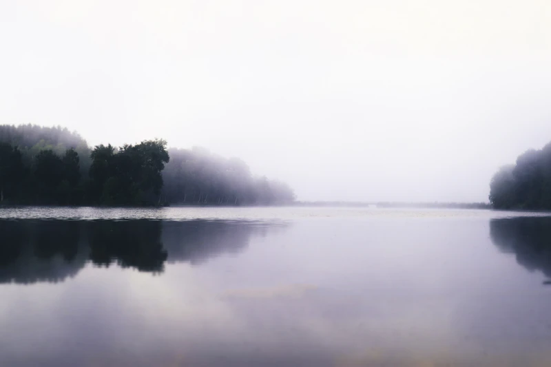 A still, misty lake at dawn