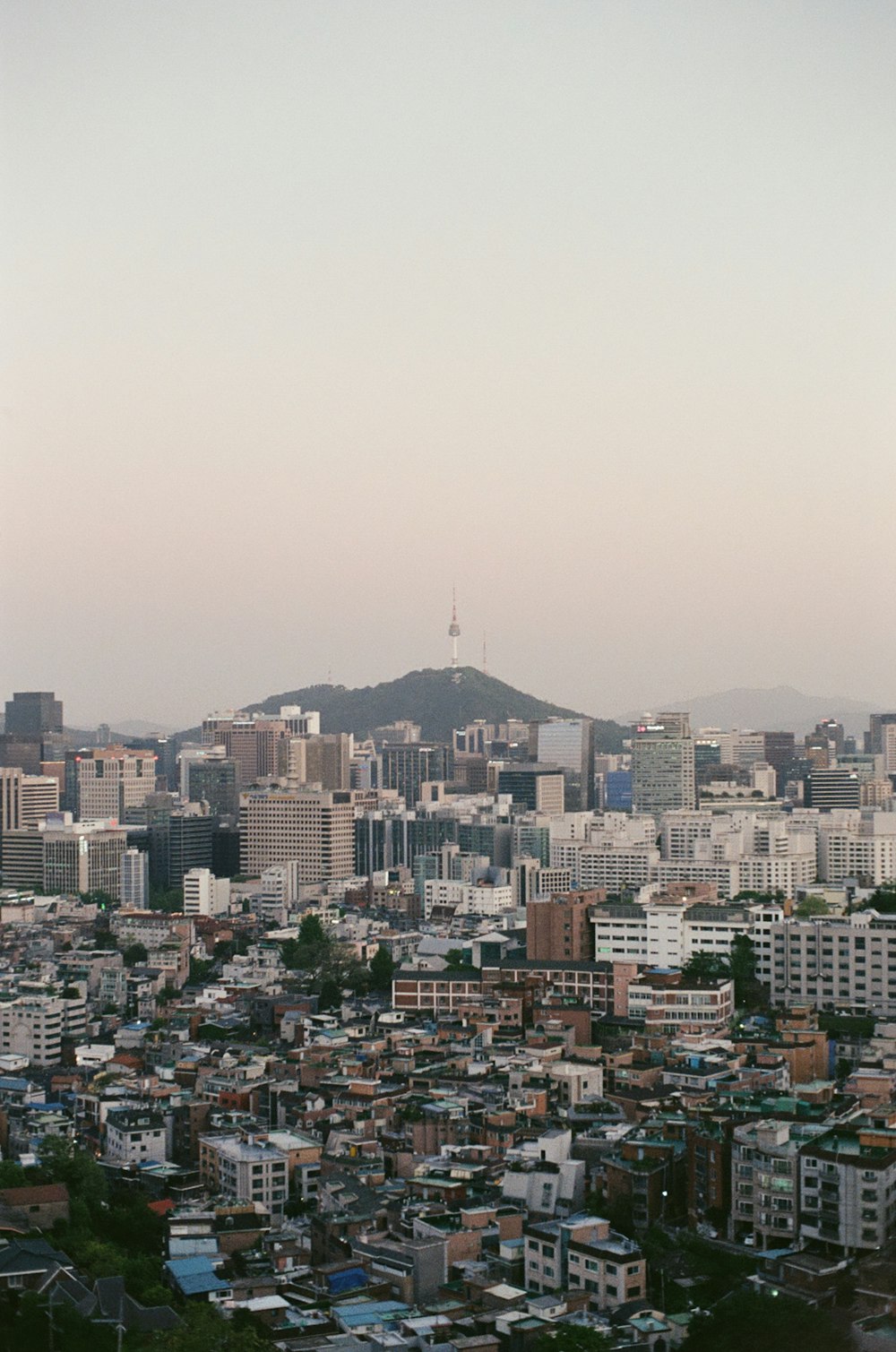 a view of a city with a mountain in the background