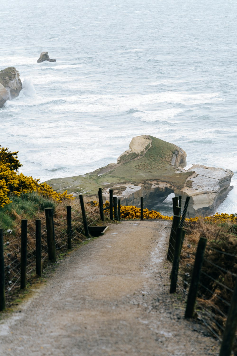 a path leading to the ocean on a cloudy day