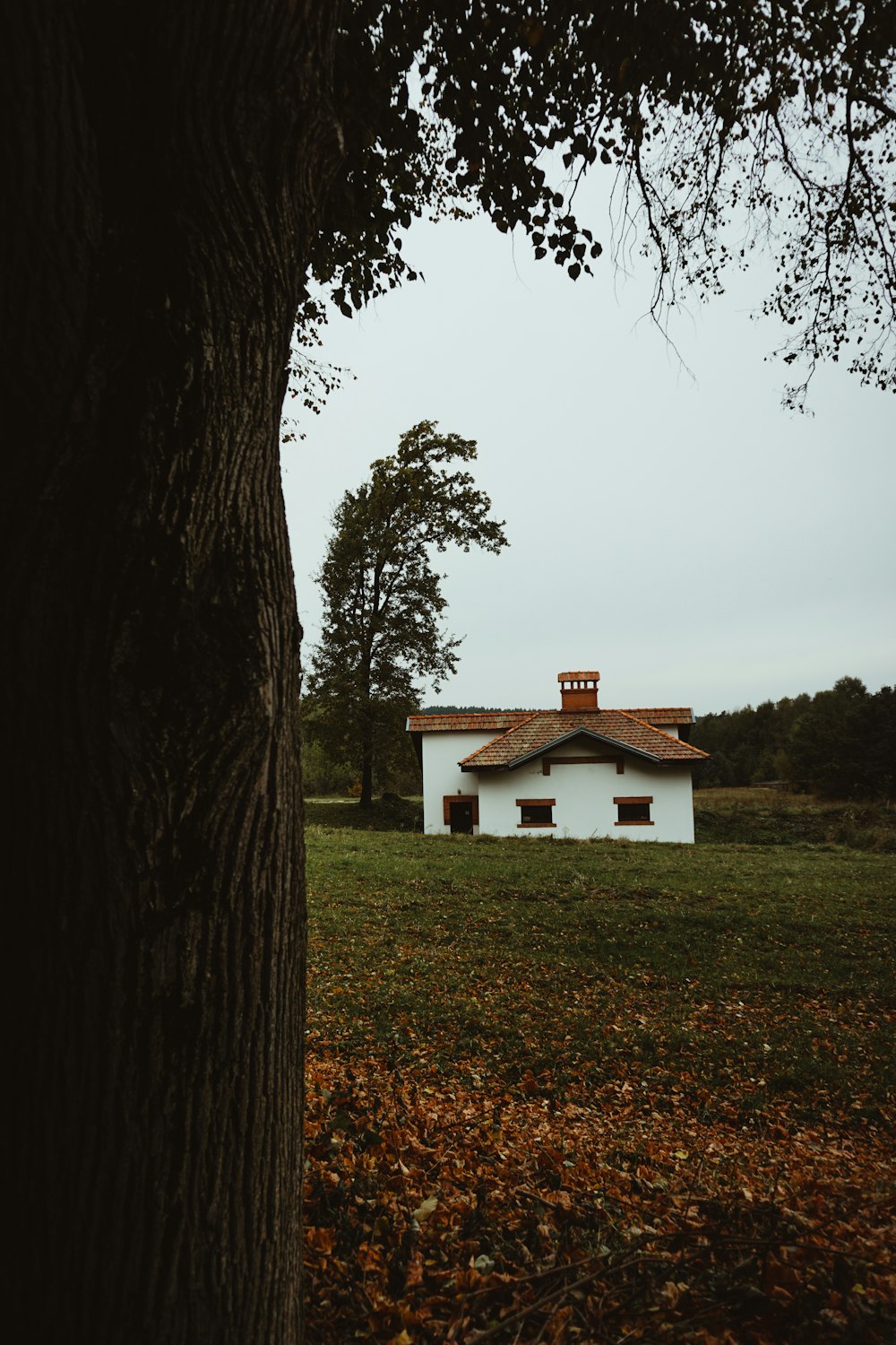 a white house sitting in the middle of a field