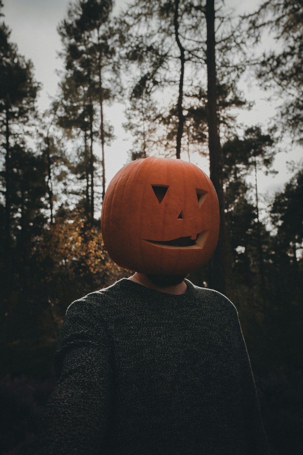 a person with a pumpkin on their head