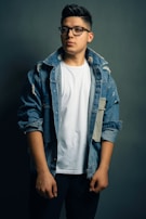 A casual outfit featuring a denim jacket and white t-shirt.