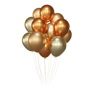 A bunch of helium balloons in shades of gold and bronze, floating against a plain white background. The balloons are clustered closely together, creating a festive and elegant arrangement.