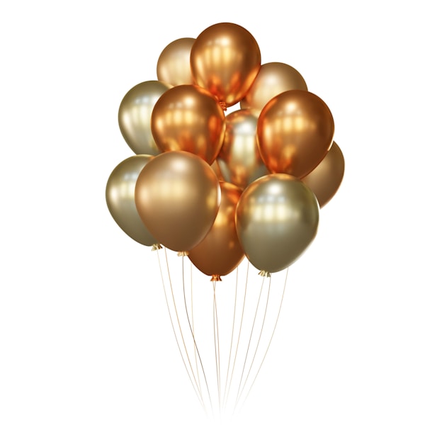 A bunch of helium balloons in shades of gold and bronze, floating against a plain white background. The balloons are clustered closely together, creating a festive and elegant arrangement.