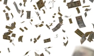 Numerous banknotes are floating and falling through the air against a plain white background.