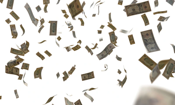 Illustration of money flowing directly from a central source to diverse hands symbolizing redistribution