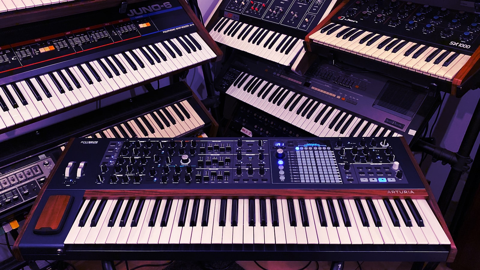 Electronic synthesizers and keyboards in studio lighting