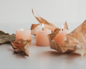 Seasonal collection featuring warm autumn hues in pillar candles, styled with dried leaves and cozy textiles.