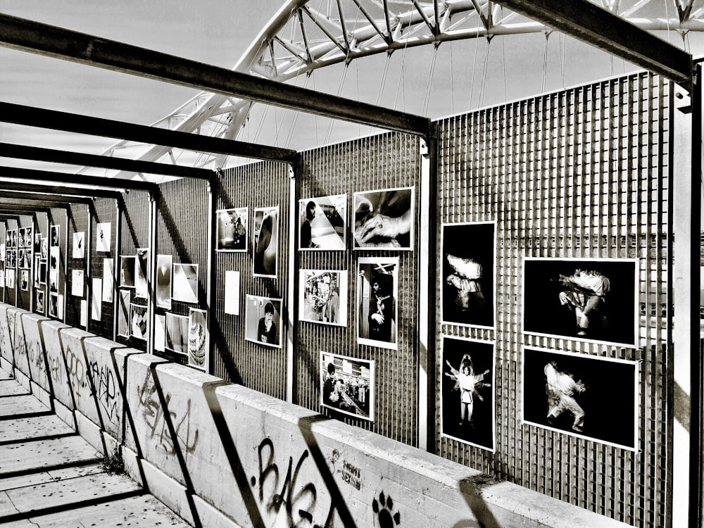una foto en blanco y negro de una pared con imágenes