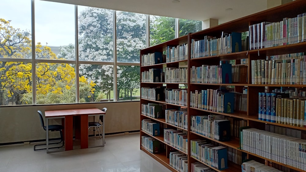 Una biblioteca llena de muchos libros junto a una ventana