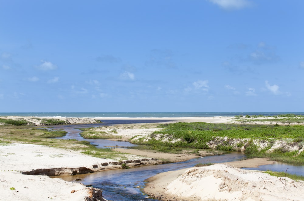 a river running through a sandy beach next to the ocean