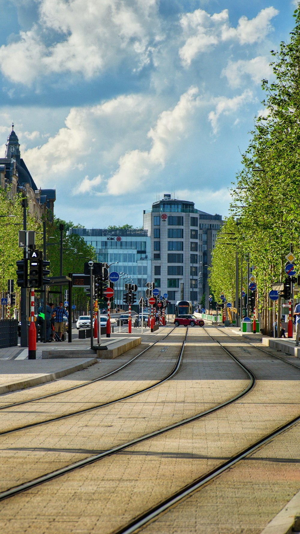 a train track running through a city street